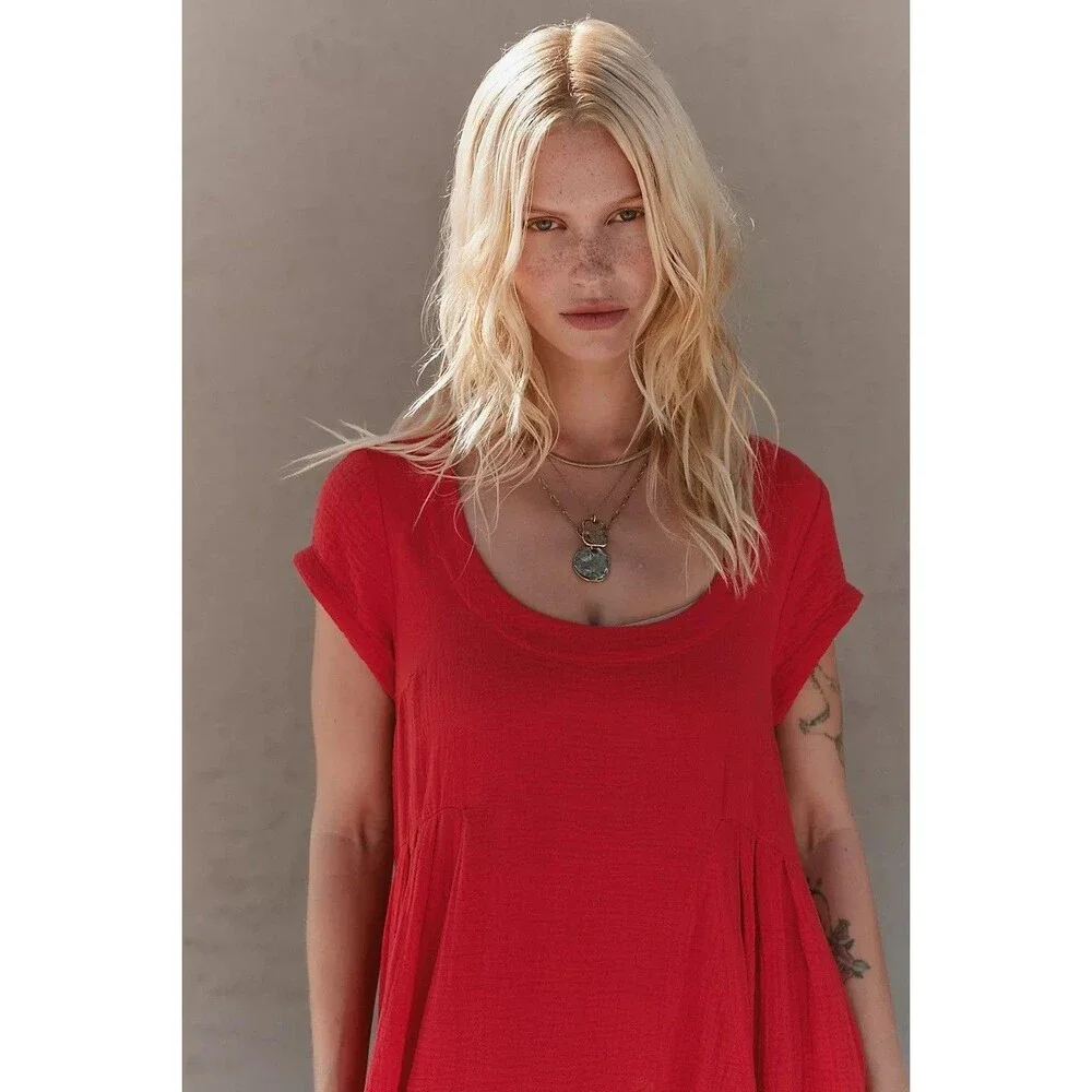 Free People Free-Est Blaine Midi Dress Cap Sleeve Fiery Red Scoop Neck S 288432